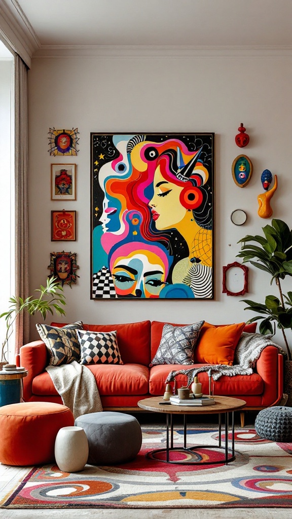 A colorful living room with distinctive wall art featuring abstract faces, showcasing the 80s apartment aesthetic.