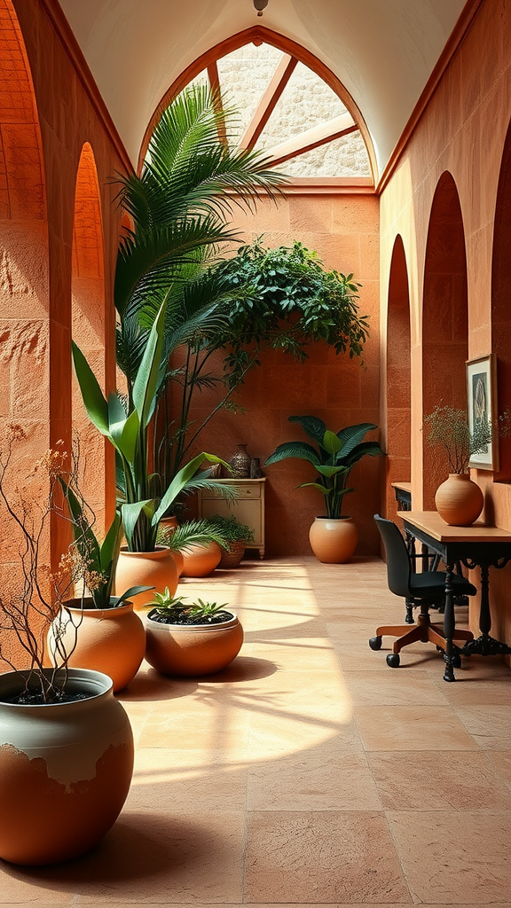 A sunlit hallway featuring earthy tones and lush greenery.