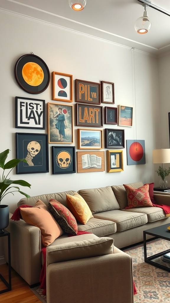 An eclectic art display in a cozy living room with a sofa and colorful pillows.