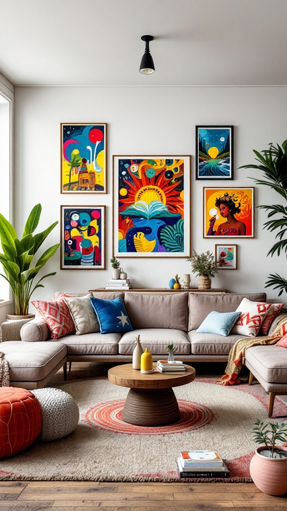 A cozy living room with colorful art pieces on the wall, a comfortable sectional sofa, and a rustic coffee table.