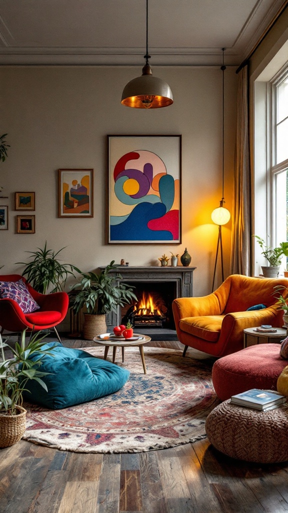 A cozy living room featuring eclectic furniture with bright colors, plants, and a fireplace.