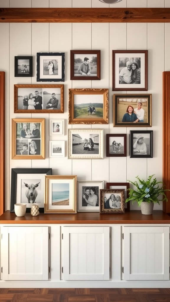 Eclectic gallery wall with various framed photos