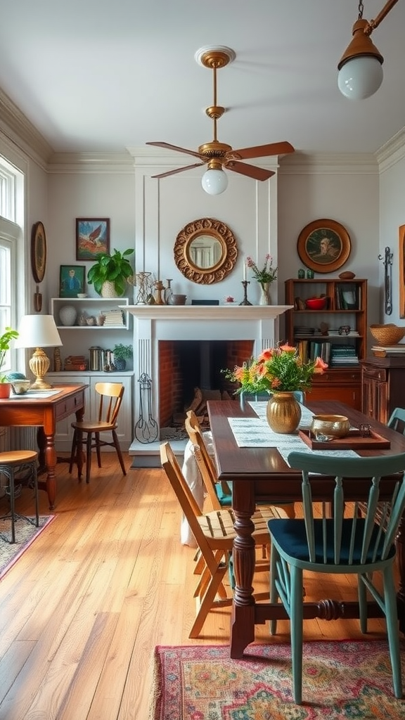 A rustic dining room featuring a fireplace, wooden floors, eclectic furniture, and a vase of flowers on the table.