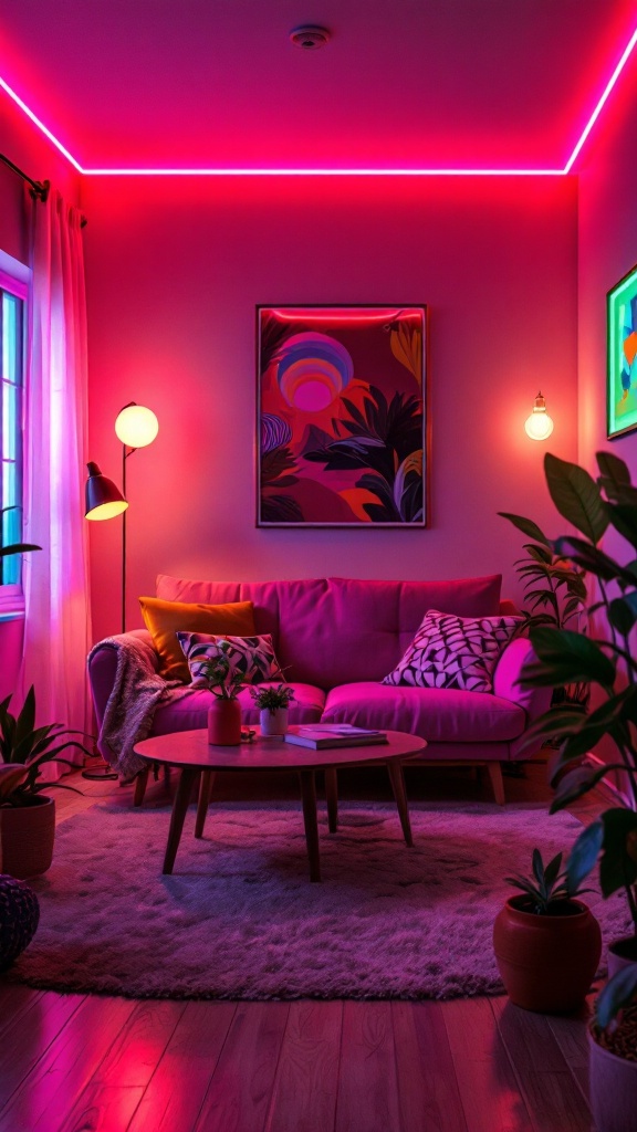 A stylish 80s living room with neon lights, a pink couch, and vibrant decor.