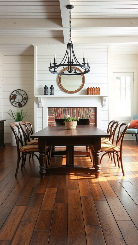 A cozy farmhouse dining room with a rustic wooden table, elegant chairs, a chandelier, and a fireplace.