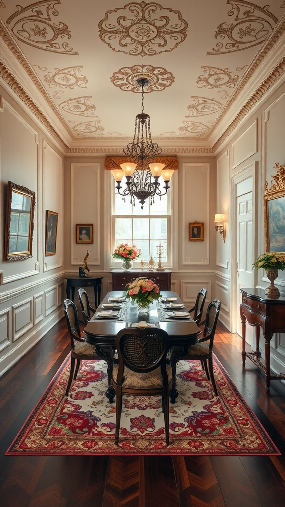 A beautifully decorated dining room featuring elegant wainscoting, a large wooden dining table, and a decorative chandelier.