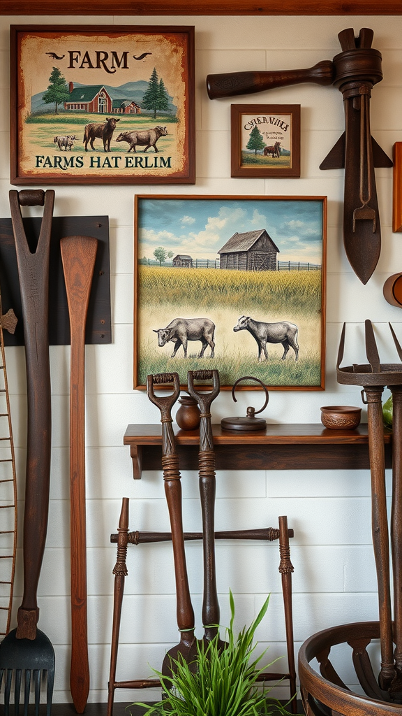 A display of farm-themed wall art and rustic tools on a wooden wall.