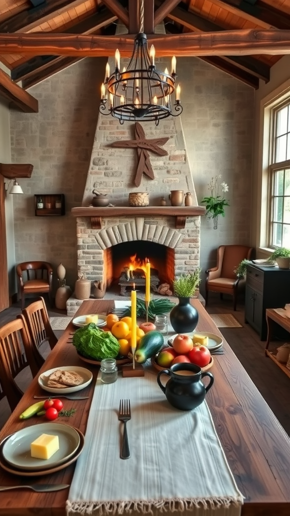 Cozy farmhouse dining room with a rustic table set for a meal featuring fresh produce and a warm fireplace.