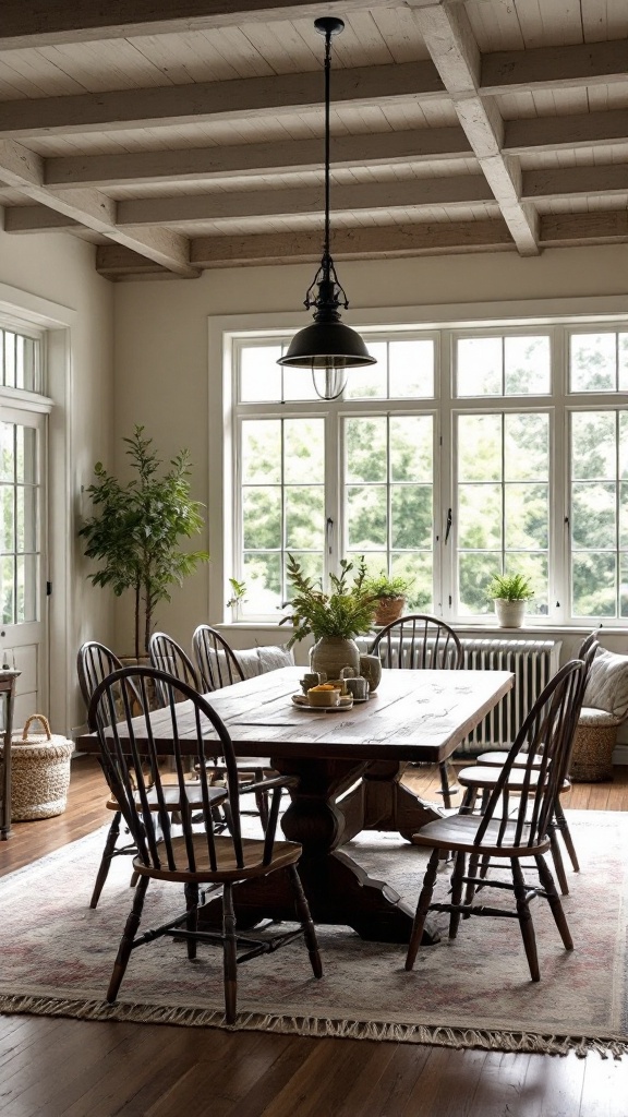 Cozy farmhouse dining area with a large wooden table and rustic chairs