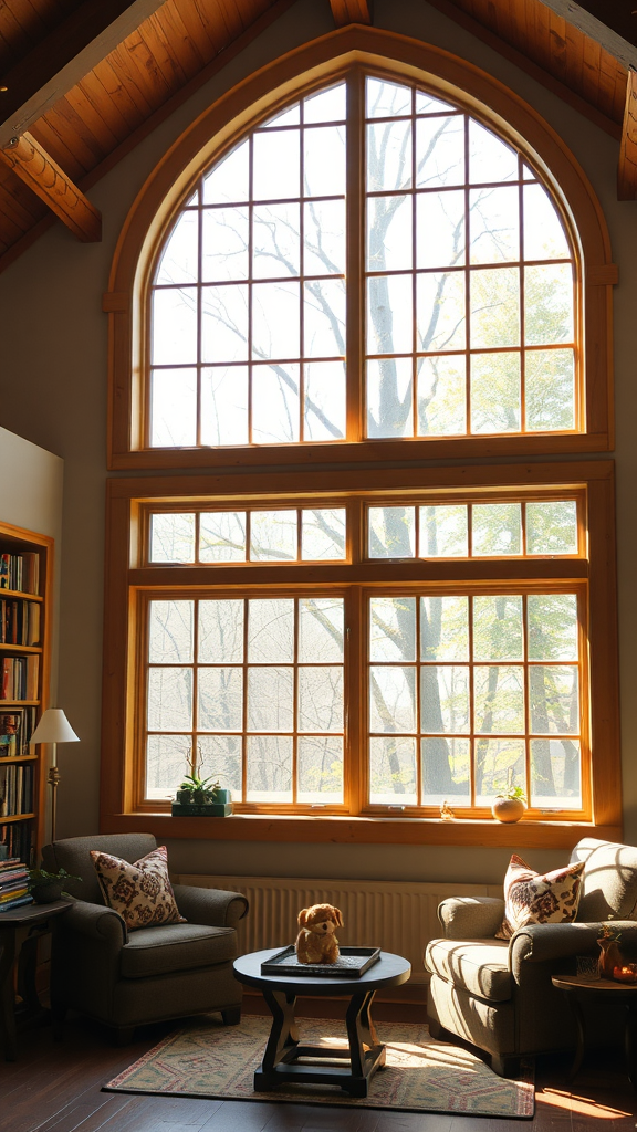 A spacious living room with large farmhouse-style windows, showcasing natural light and a cozy decor.