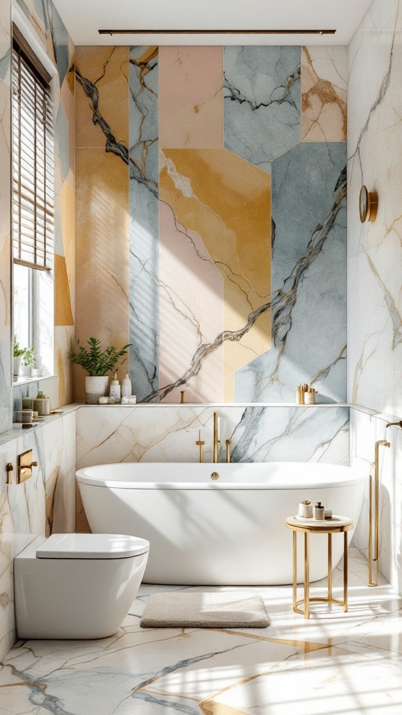 A stylish bathroom featuring faux marble finishes in blue, gold, and pink tones, with a modern bathtub and elegant fixtures.