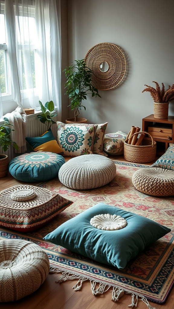 A cozy Bohemian living room with cushions and floor seating.