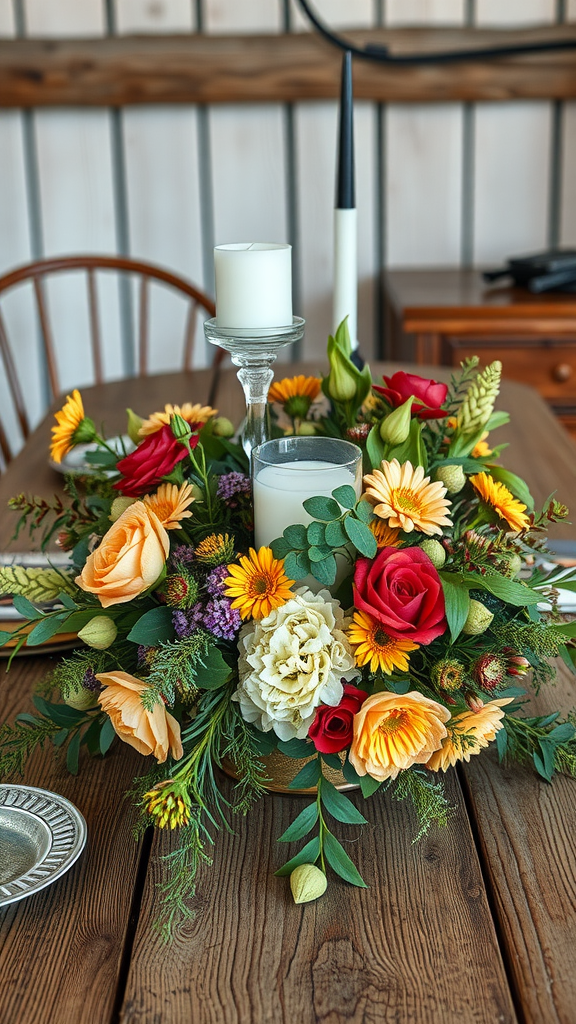 A vibrant floral centerpiece with various flowers and candles on a wooden dining table.