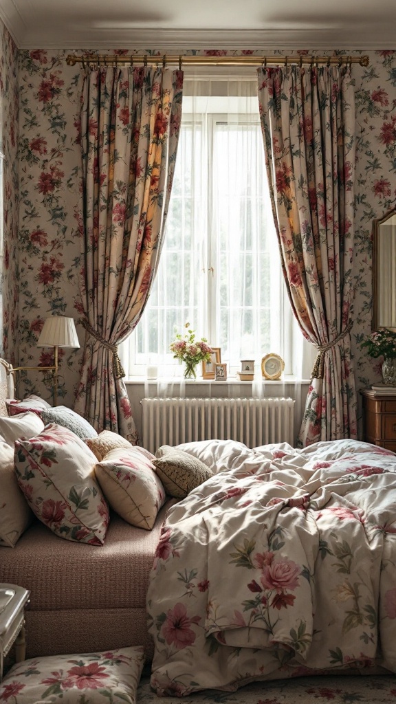 A cozy bedroom filled with floral patterns on curtains and bedding, showcasing 80s decor.