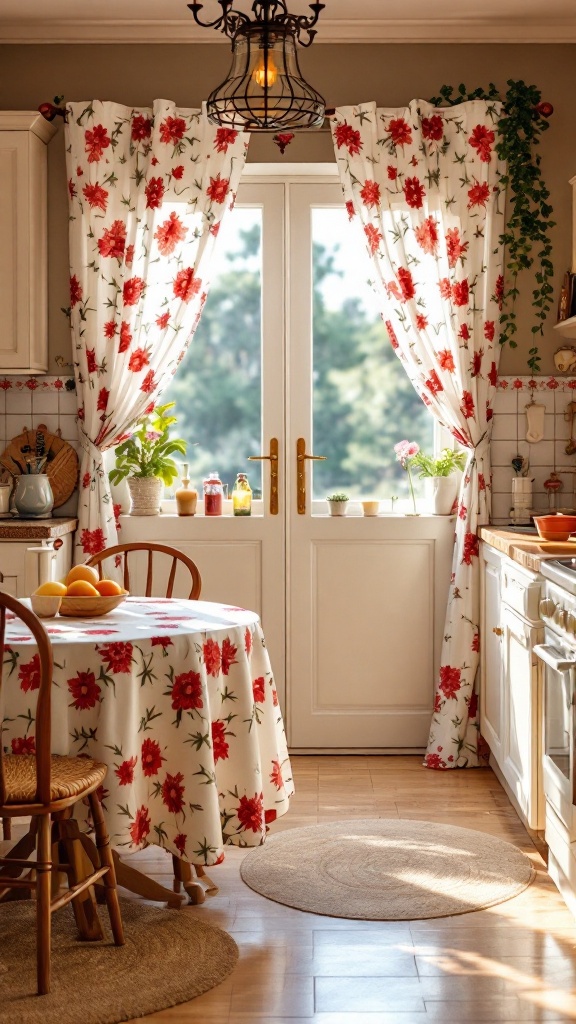 A cozy kitchen with floral curtains and a tablecloth, showcasing the 80s apartment aesthetic.