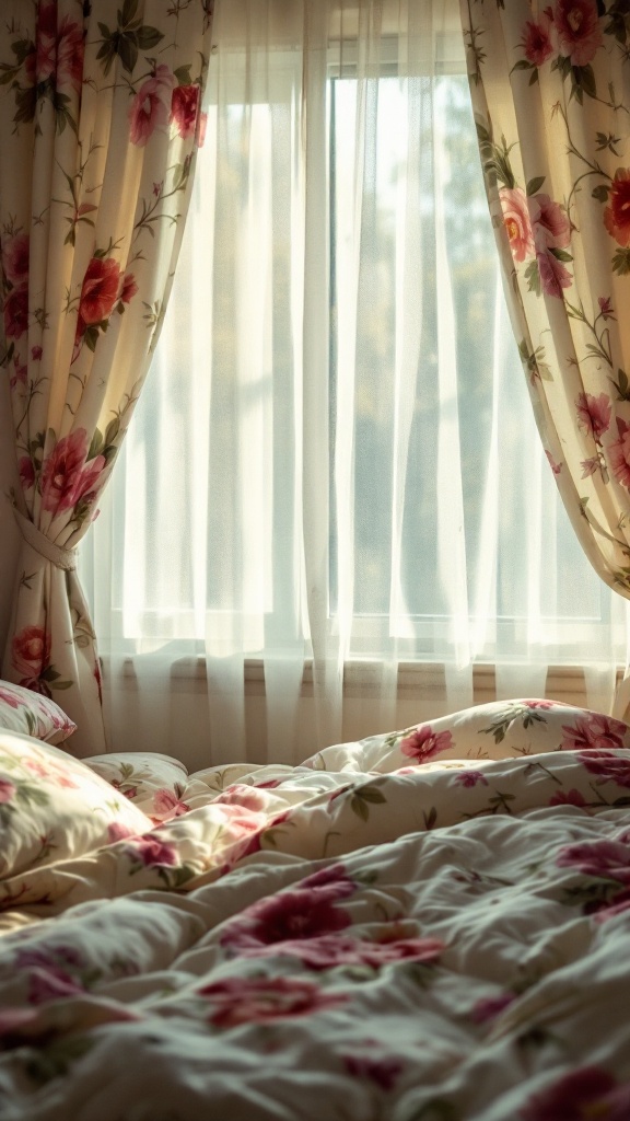 A close-up of floral patterned bedding and curtains with sunlight filtering through.