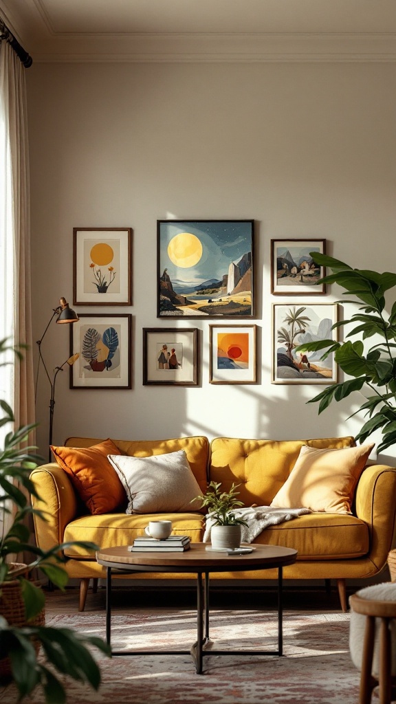 A cozy 80s living room featuring a yellow sofa, coffee table, and framed artworks on the wall.