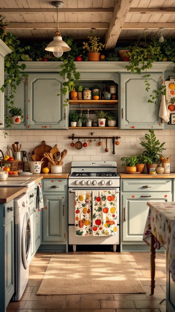 A kitchen featuring fruit and vegetable prints on the curtains and decorative elements.