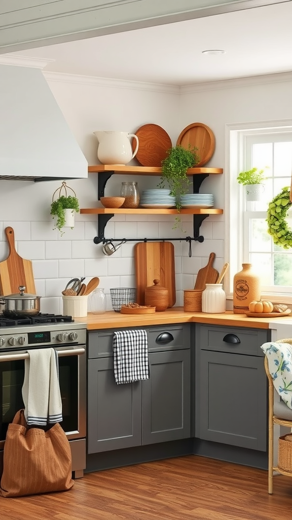 A cozy kitchen featuring farmhouse decor with open shelves, wooden utensils, and plants.