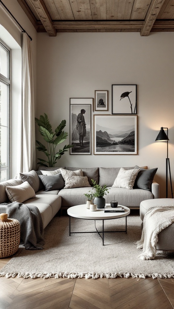 A cozy modern rustic living room with a sectional sofa, round coffee table, and framed art on the walls.