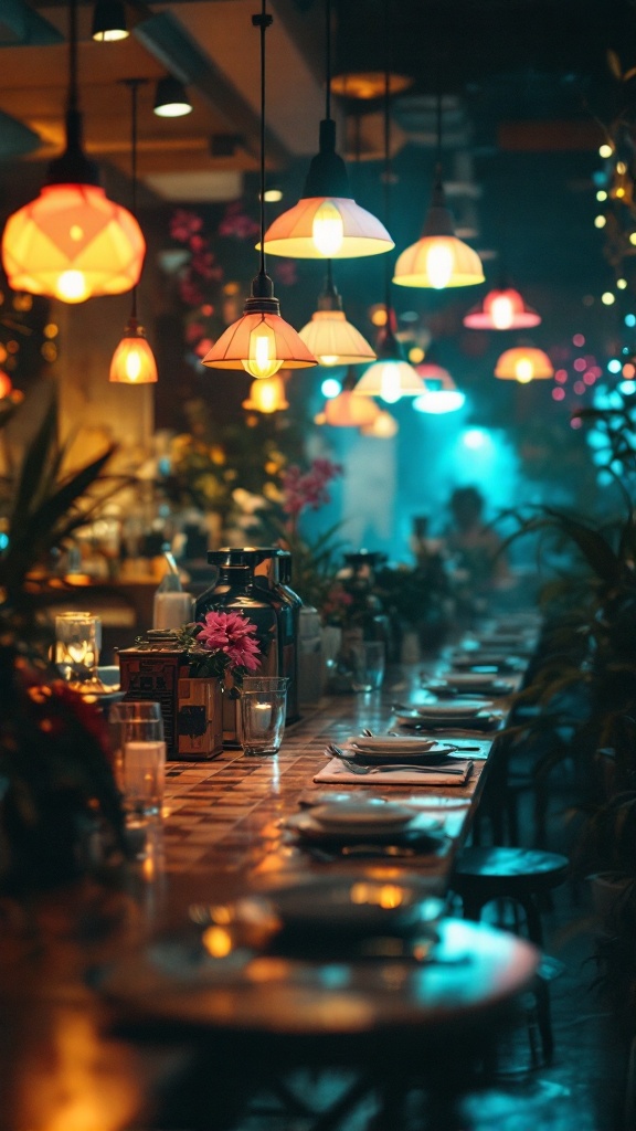 A stylish dining area with various colorful pendant lights hanging from the ceiling.