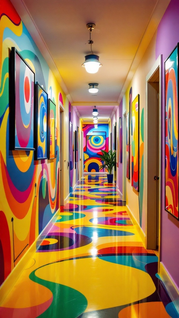 A bright, colorful hallway with funky wall art and a glossy floor.