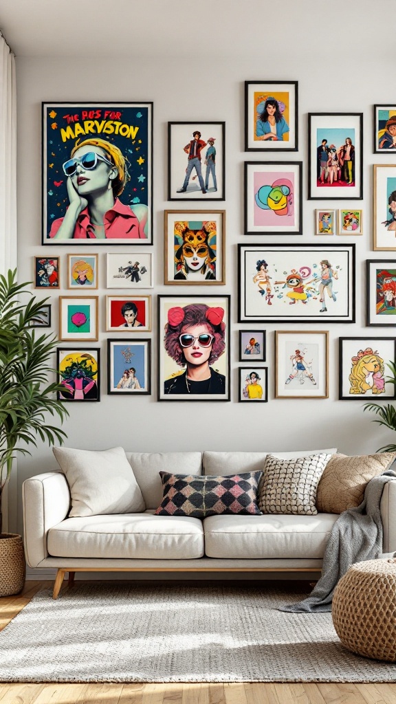 A vibrant gallery wall featuring various framed artworks and photos in a stylish living room setting.