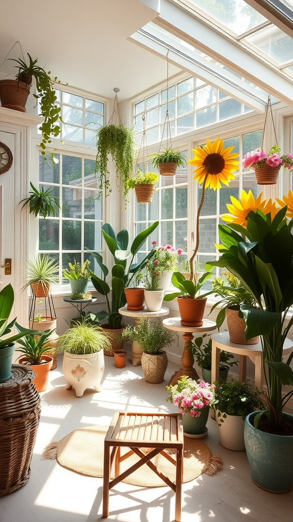 A sunlit room filled with various potted plants and a cozy chair, showcasing garden-inspired decor.