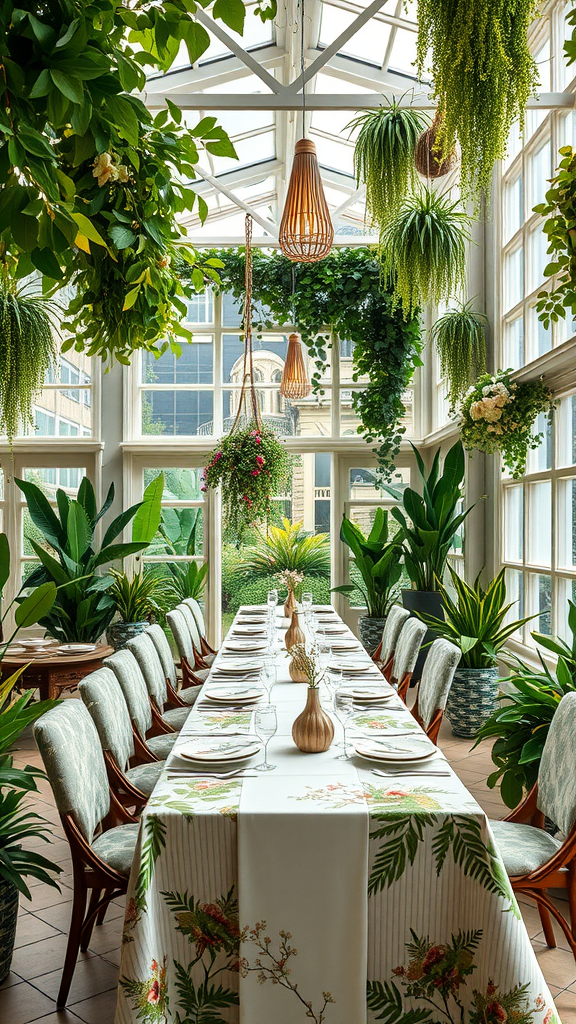 A beautifully arranged dining space featuring a long table with floral tablecloth, surrounded by plants and greenery.