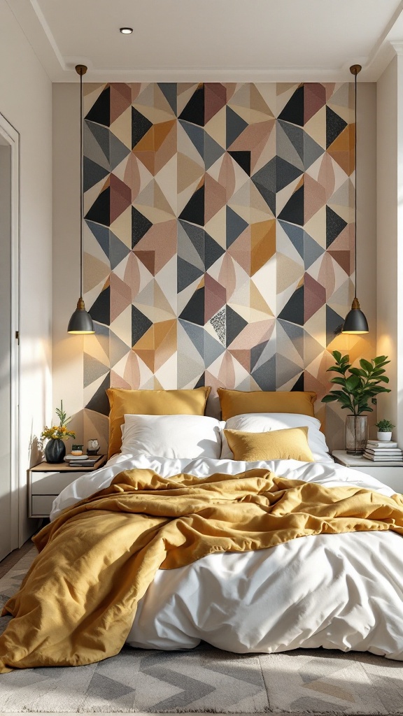 A bedroom featuring a geometric patterned wall with warm colors and cozy bedding.