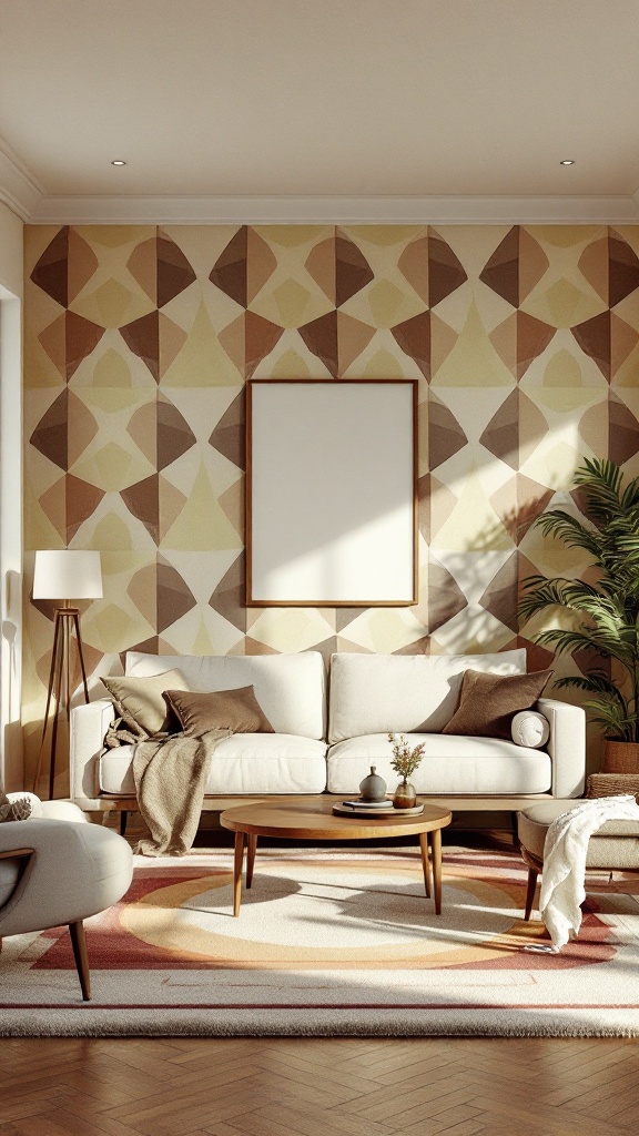 A stylish 80s living room featuring geometric patterns on the wall, a cozy sofa, and a round coffee table.