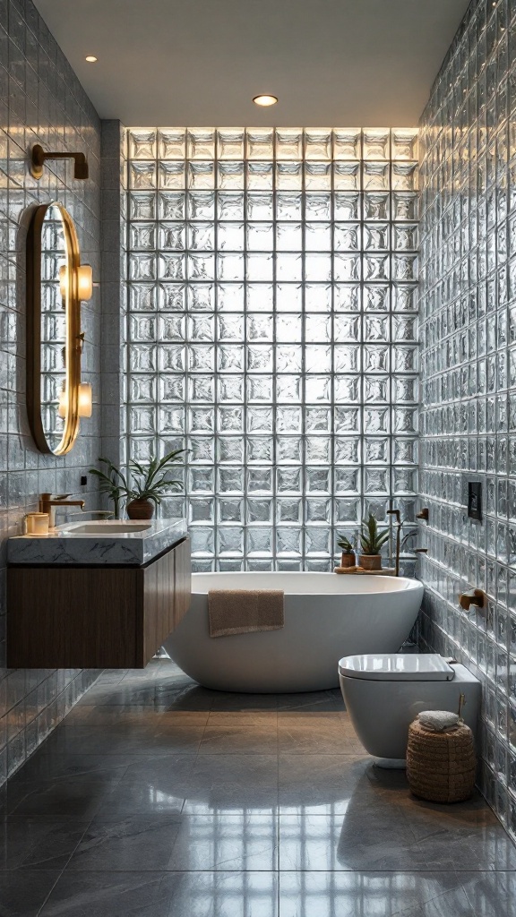 A modern bathroom featuring glass block walls, a freestanding tub, and sleek fixtures.