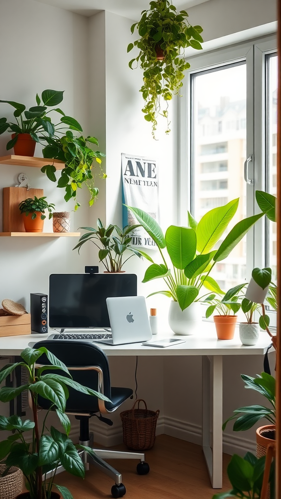 A cozy small home office with plants and a sleek desk setup.