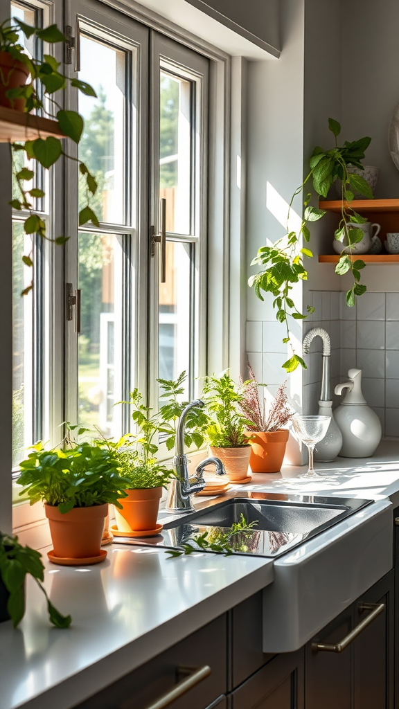 Herbs in pots on a windowsill next to a kitchen sink