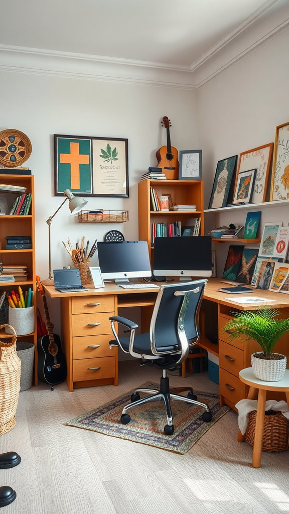 A small home office setup featuring wooden shelves filled with books and decorations, a desk with two computer monitors, and a cozy chair.