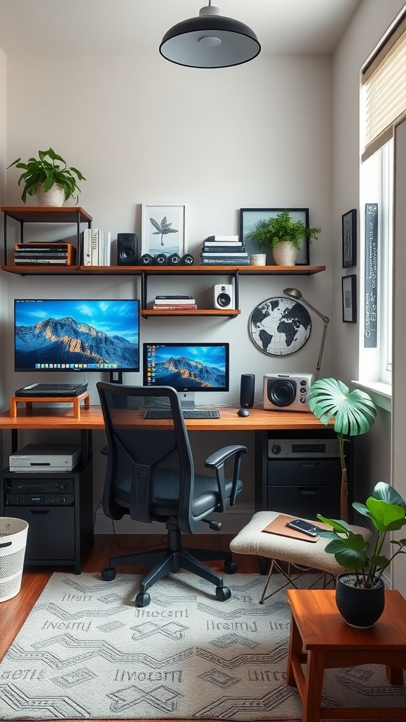 A cozy small home office setup featuring two monitors, a comfortable chair, and decorative plants.