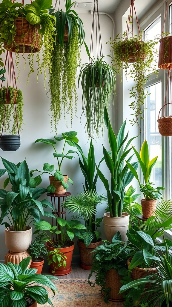 A collection of various indoor plants arranged around a window, showcasing greenery and natural elements.