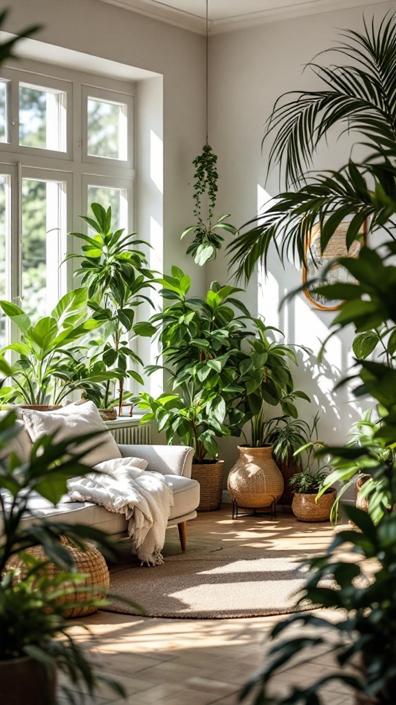 A bright and inviting living room filled with indoor plants and a comfortable sofa.