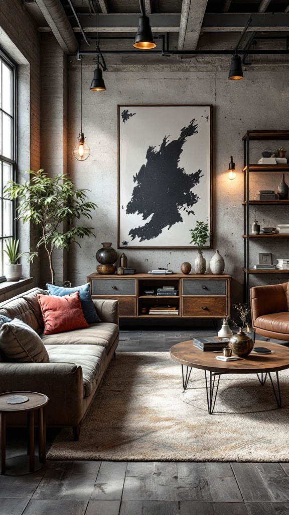 A cozy living room with industrial chic decor featuring a mix of rustic and modern elements.