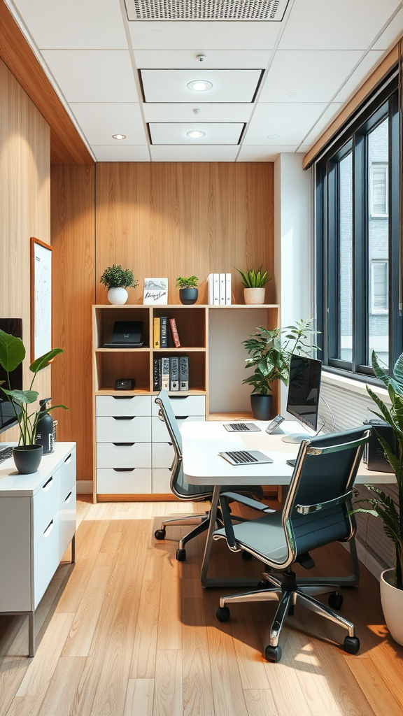 A modern small office setup featuring two desks, plants, and wooden accents.