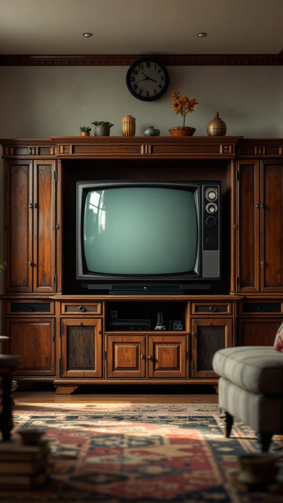 A vintage 80s entertainment center featuring a large TV, wooden cabinetry, and decorative items.