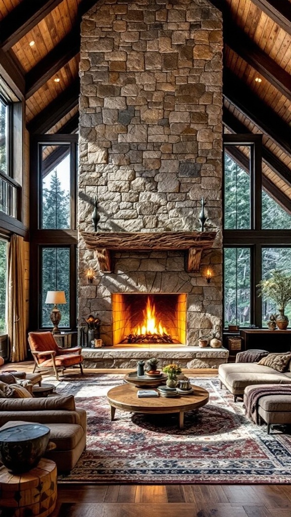 A large stone fireplace in a rustic living room with modern decor