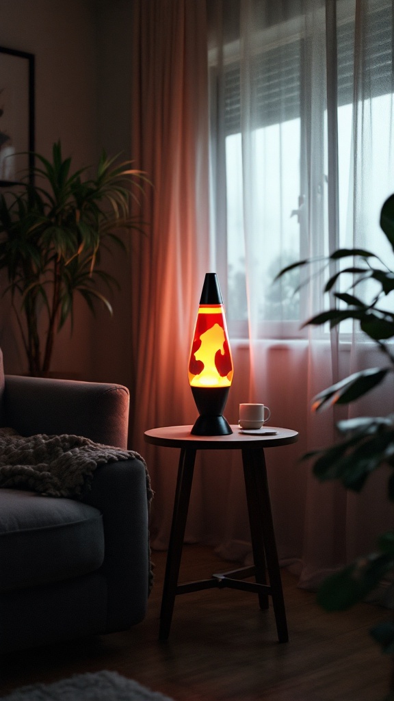 A lava lamp on a side table next to a couch with a plant, creating a cozy atmosphere.