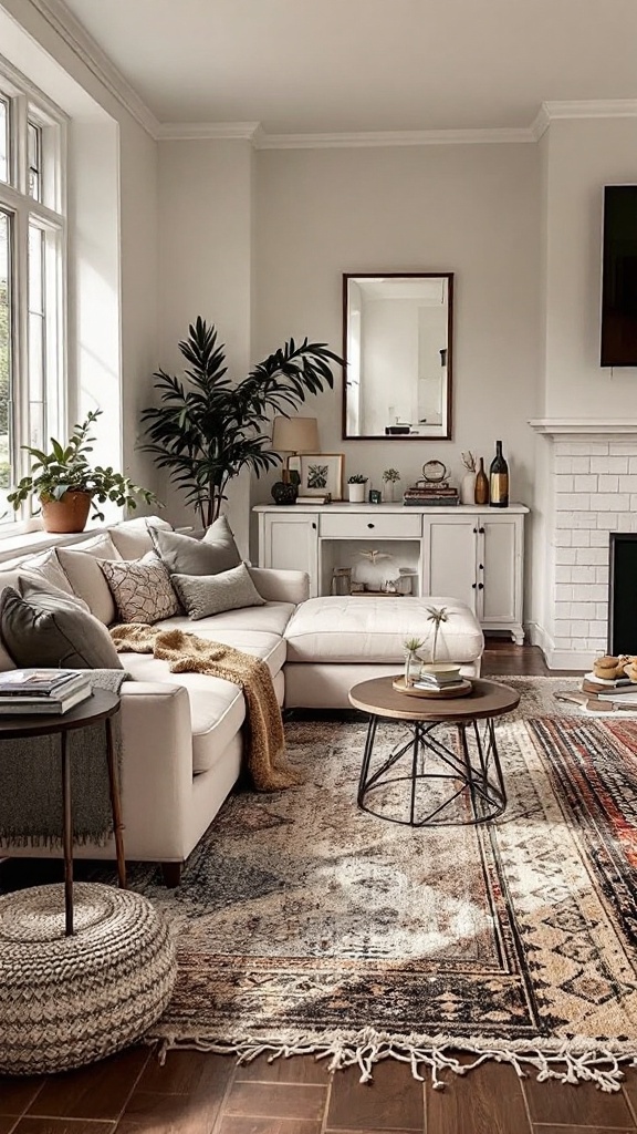 A cozy living room featuring a layered rug, modern sectional, and plants.