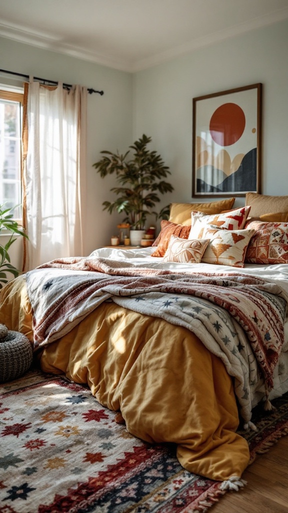 A cozy bedroom featuring layered textiles and warm colors, reflecting 80s decor interior design.