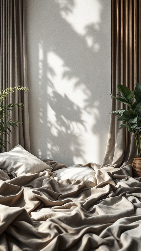 A cozy interior scene with soft, crumpled fabrics and houseplants, showcasing layered textures.