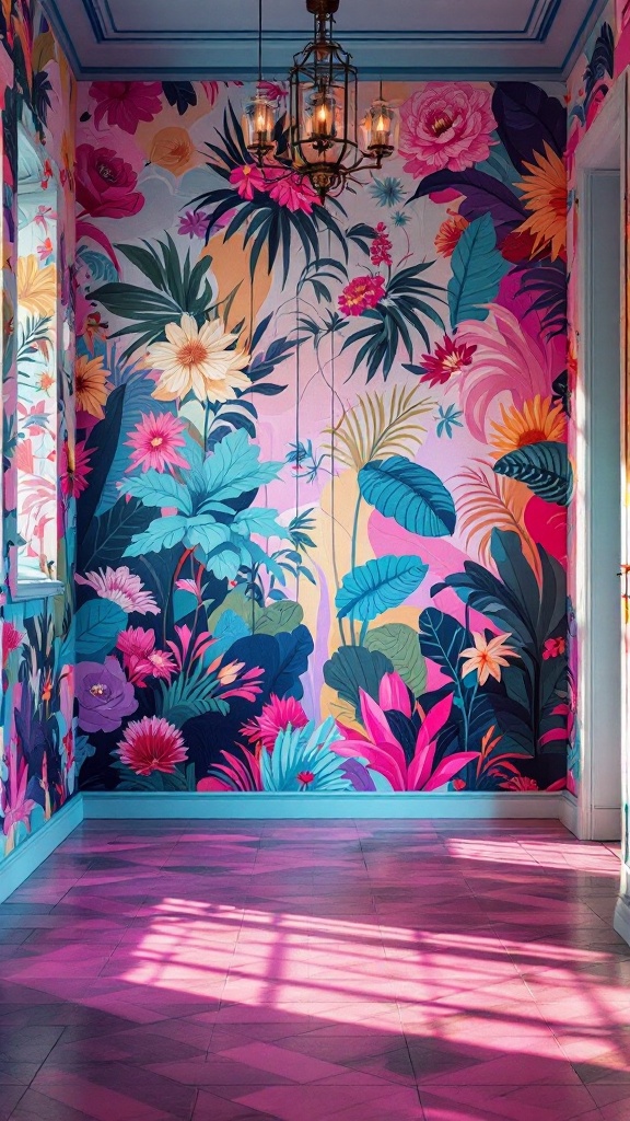 A colorful, floral accent wall with vibrant plants and flowers in an 80s inspired apartment.