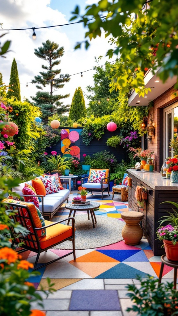 A lively outdoor space with colorful seating, plants, and festive decorations.