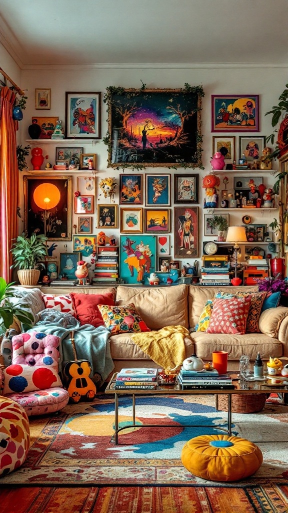 A vibrant 80s living room filled with colorful accessories, art, and cushions.