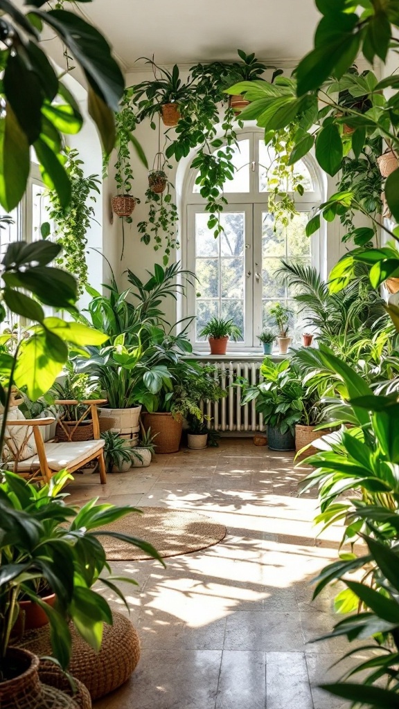 A bright room filled with lush indoor plants, showcasing a cozy and inviting atmosphere.